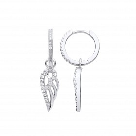 Silver CZ Angel Wings Hoop Drop Earrings