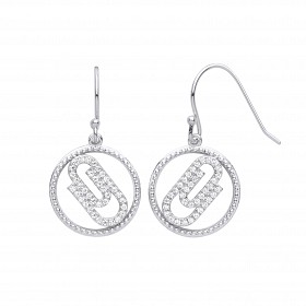 Silver CZ Paperclip Circle Drop Earrings