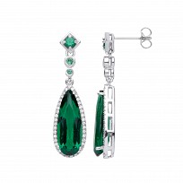 Silver CZ & Emerald Long Drop Earrings