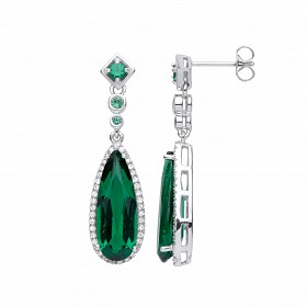 Silver CZ & Emerald Long Drop Earrings