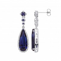 Silver CZ & Sapphire Long Drop Earrings