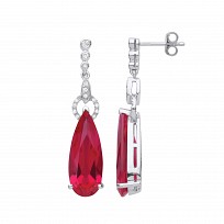 Silver CZ & Ruby Fancy Long Drop Earrings