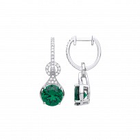 Silver CZ & Emerald Fancy Hoop Drop Earrings