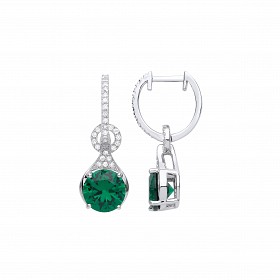 Silver CZ & Emerald Fancy Hoop Drop Earrings