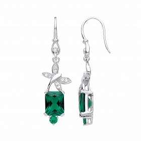 Silver CZ & Emerald Fancy Butterfly Drop Earrings