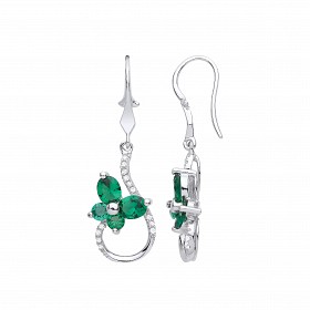 Silver CZ & Emerald Fancy Flower Drop Earrings