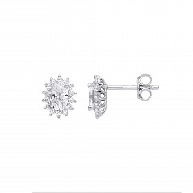 Silver CZ Oval Cluster Stud Earrings