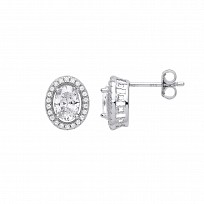 Silver CZ Oval Cluster Stud Earrings