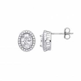 Silver CZ Oval Cluster Stud Earrings