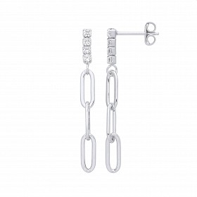 Silver CZ Paper Link Chain Drop Earrings