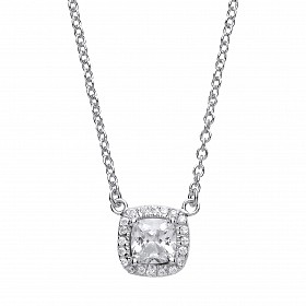 925 Sterling Silver Ladies Necklace With CZ Cushion Cut Pendant