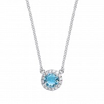 925 Sterling Silver Necklace With CZ & Aqua Round Pendant