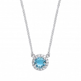 925 Sterling Silver Necklace With CZ & Aqua Round Pendant