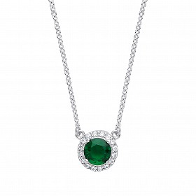 925 Sterling Silver Necklace With CZ & Emerald Round Pendant