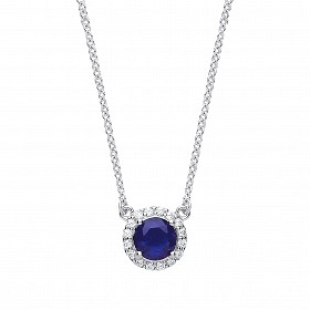 925 Sterling Silver Necklace With CZ & Sapphire Round Pendant