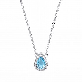925 Sterling Silver Necklace With CZ & Aqua Tear Drop Pendant