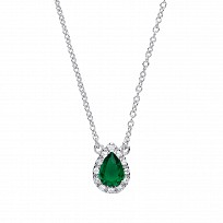 925 Sterling Silver Necklace With CZ & Emerald Tear Drop Pendant