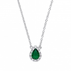 925 Sterling Silver Necklace With CZ & Emerald Tear Drop Pendant