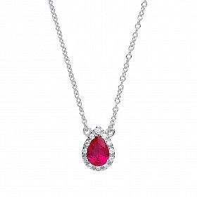 925 Sterling Silver Necklace With CZ & Ruby Tear Drop Pendant