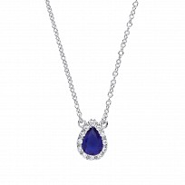 925 Sterling Silver Necklace With CZ & Sapphire Tear Drop Pendant