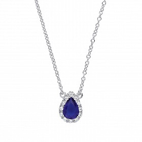 925 Sterling Silver Necklace With CZ & Sapphire Tear Drop Pendant