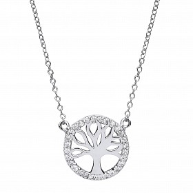 925 Sterling Silver CZ Cut Out Tree Of Life Fancy Pendant Necklace