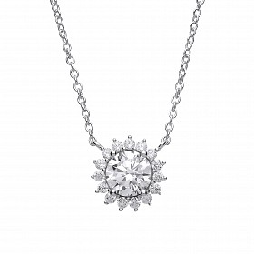 925 Sterling Silver CZ Round Halo Fancy Pendant With Chain
