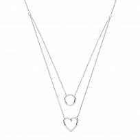 925 Sterling Silver Double Chain Necklace With CZ Heart & Circle Pendant