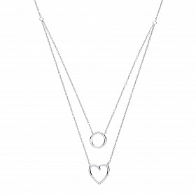 925 Sterling Silver Double Chain Necklace With CZ Heart & Circle Pendant