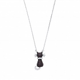 925 Sterling Silver Fancy Necklace With CZ & Black CZ Cat Pendant