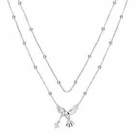 925 Sterling Silver Double Bead Chain With A CZ Bird Pendant