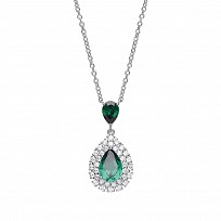 925 Sterling Silver Necklace With CZ & Emerald Fancy Pear Drop Pendant