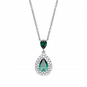 925 Sterling Silver Necklace With CZ & Emerald Fancy Pear Drop Pendant