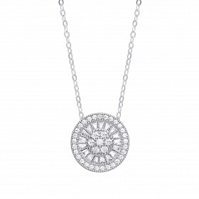 925 Sterling Silver Baguette CZ Halo Pendant Necklace