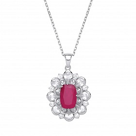 925 Sterling Silver CZ & Ruby Fancy Pendant Necklace