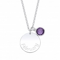 925 Sterling Silver February Amethyst Birthstone Disc Pendant Necklace