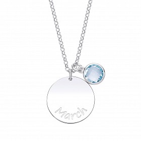 925 Sterling Silver March Aquamarine Birthstone Disc Pendant Necklace