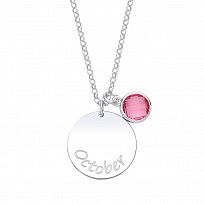 925 Sterling Silver October Pink Tourmaline Birthstone Disc Necklace