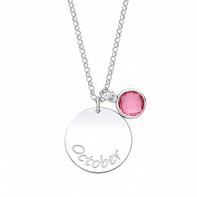925 Sterling Silver October Pink Tourmaline Birthstone Disc Necklace