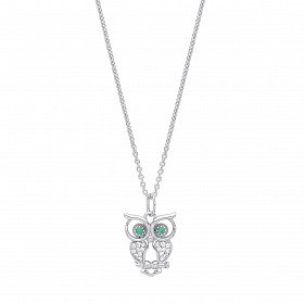 Silver CZ & Emerald Owl Pendant Necklace