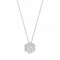 Silver CZ Diamond Cut Illusion Flower Shape Pendant Necklace