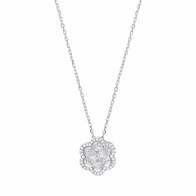 Silver CZ Diamond Cut Illusion Flower Shape Pendant Necklace