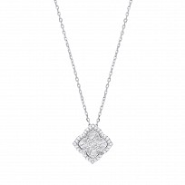 Silver CZ Diamond Cut Illusion Square Pendant Necklace