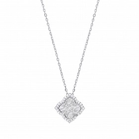 Silver CZ Diamond Cut Illusion Square Pendant Necklace