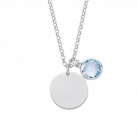 925 Sterling Silver March Aquamarine Birthstone Disc Pendant Necklace