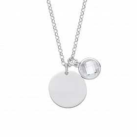 925 Sterling Silver April Crystal Birthstone Disc Pendant Necklace