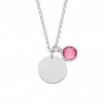 925 Sterling Silver October Pink Tourmaline Birthstone Disc Necklace