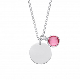 925 Sterling Silver October Pink Tourmaline Birthstone Disc Necklace