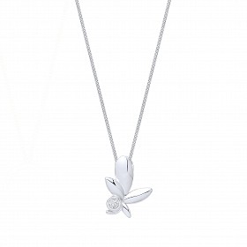 925 Sterling Silver Rhodium Plated CZ Olive Leaf Pendant Necklace
