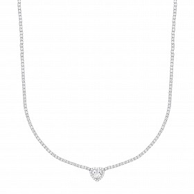 Silver CZ Tennis Choker Necklace With Heart Pendant (+ Ext)